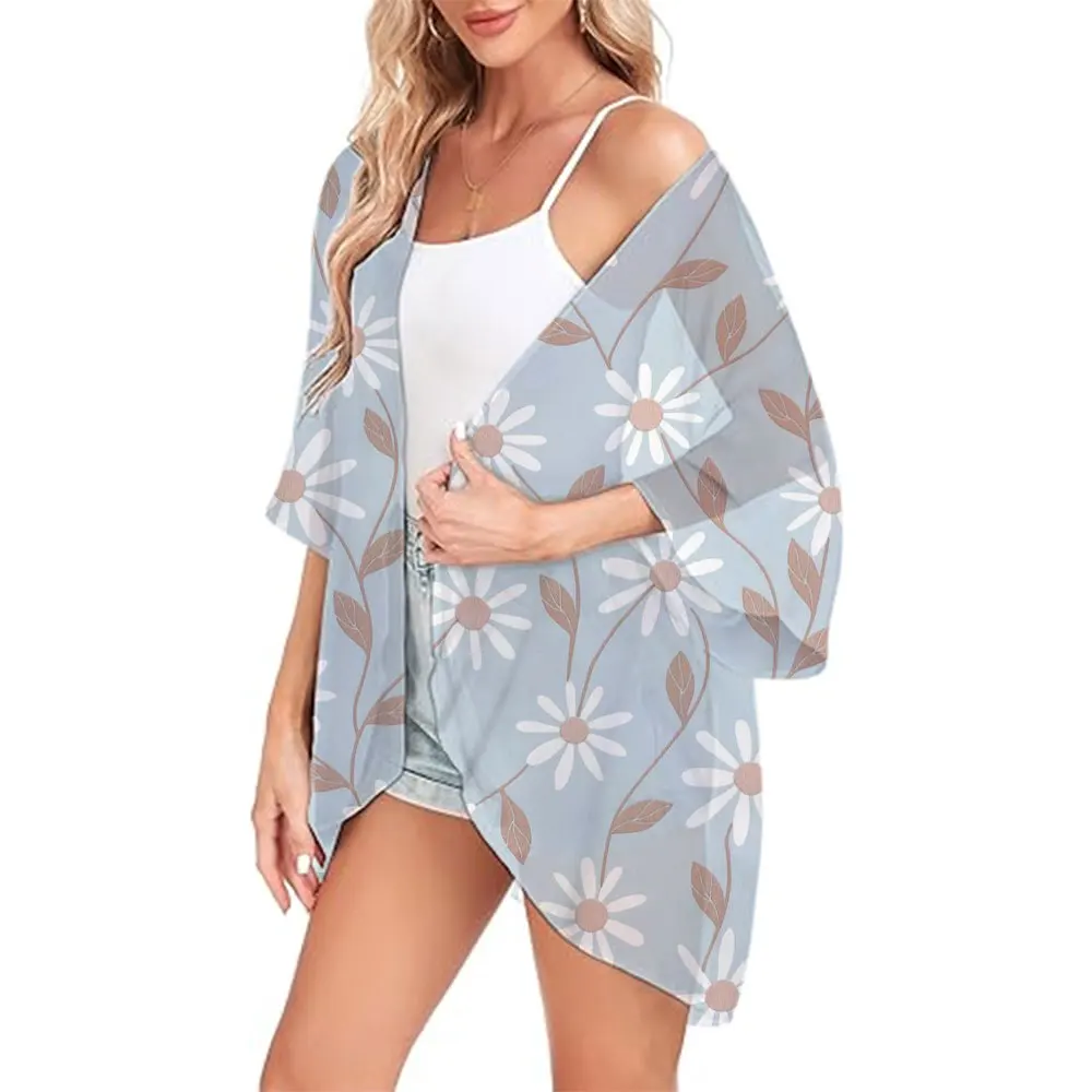 Nieuwe Dames Losse Bloemenprint Chiffon Coverups Strand Zwemmen Bikini Tops Kimono Cardigan Poff Mouw Cover Up Blouse Badmode Jas