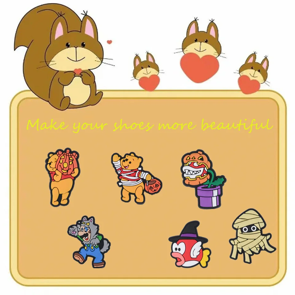 13pcs Halloween Pooh Bear Cartoon Shoe Charms for Kids Sandals Sneakers Classic Clogs X-mas Gift Designer Shoe Accessories