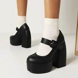 14cm Solid May Janes Women High Heels Shoes Spring Summer Platform Pumps Shoes Belt Buckle Sexy Goth Footwear on Heels Female