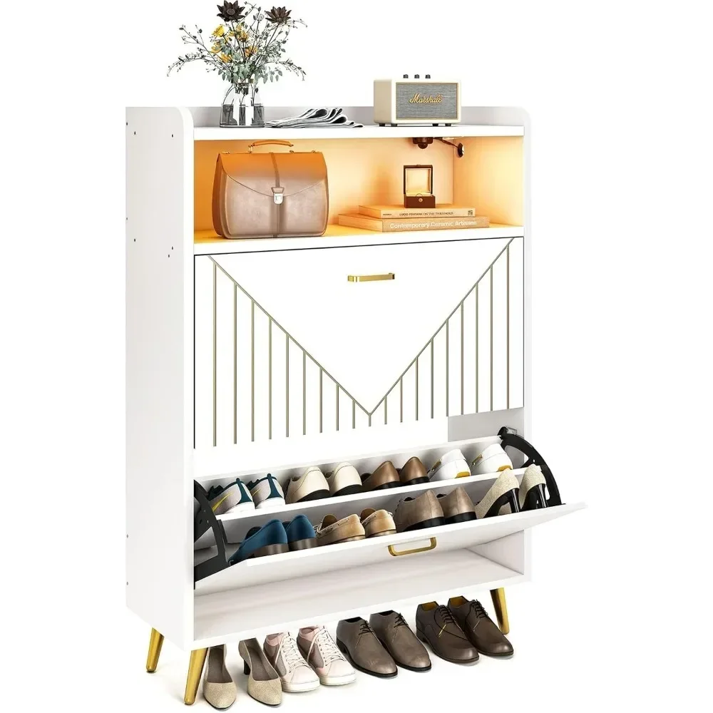 Shoe Cabinet with Flip Doors, Shoes Storage Organizer with Motion Sensor Led Light, Entryway Wood Freestanding Tipping Bucket