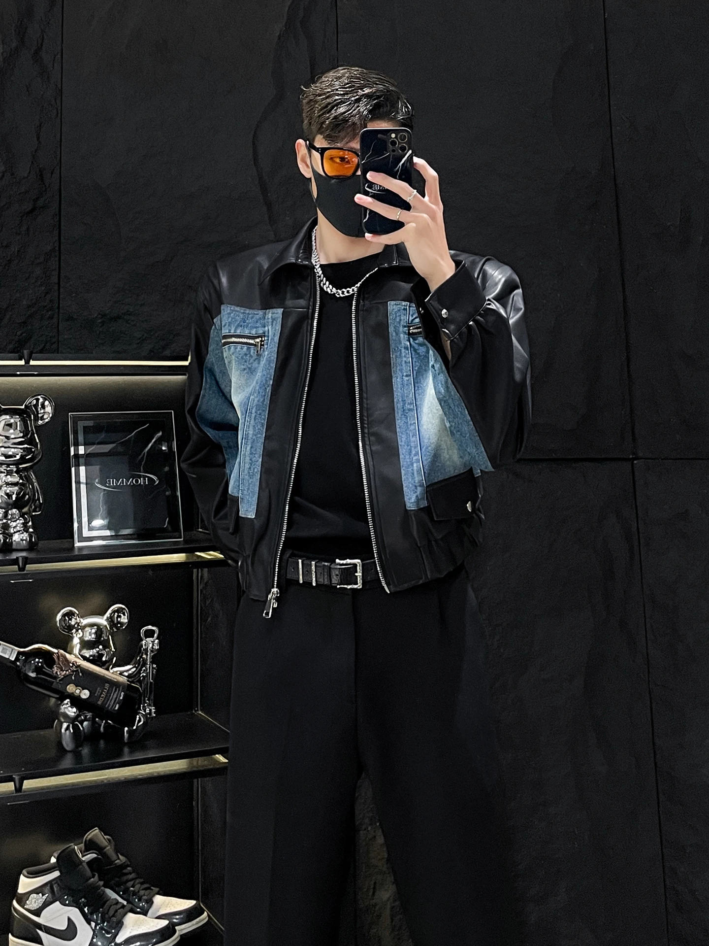 

ort PU Leather Jaet for Men with Denim Patchwork Design by HOMME Youthful Trendy Loose Fit Autumn Outerwear without Mirror