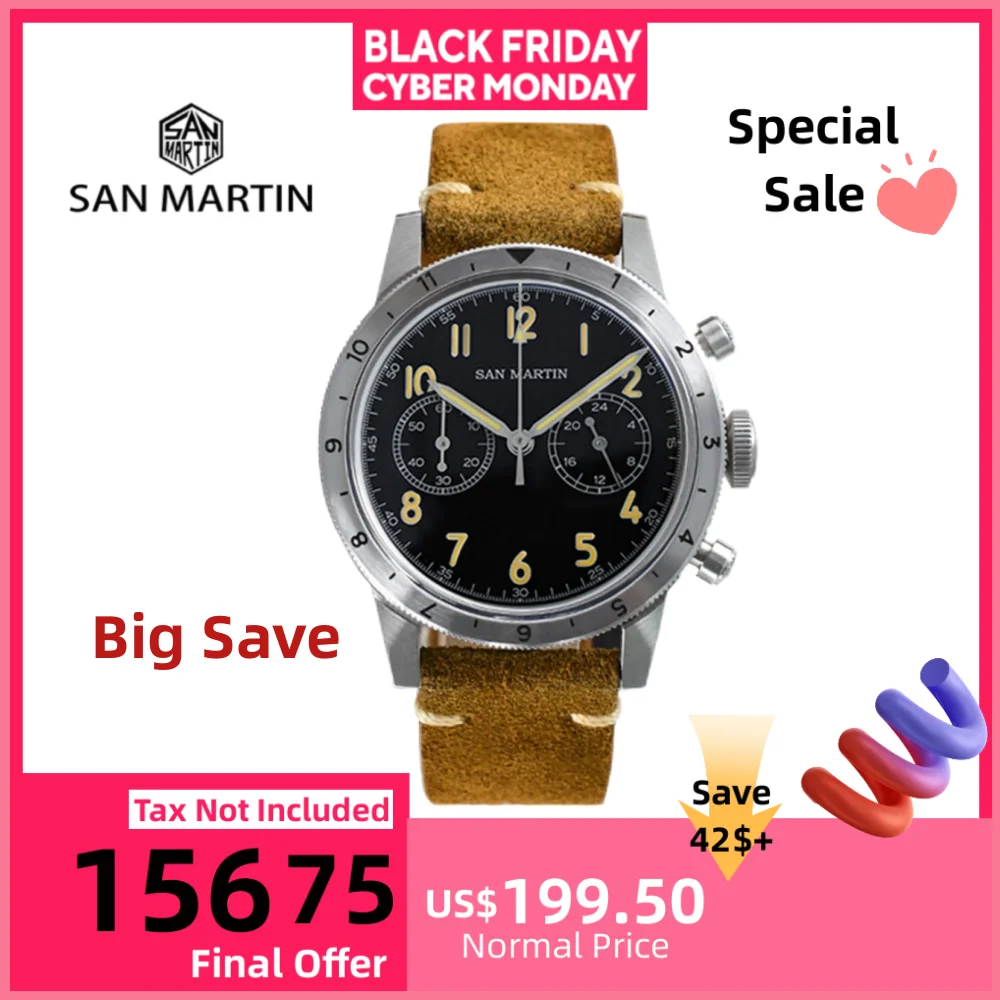 

San Martin 39.5mm VK64 Men Speed Chronograph Watch Quartz Wristwatch Vintage Suede Leather Strap Pilot 10Bar Reloj SN0127JS