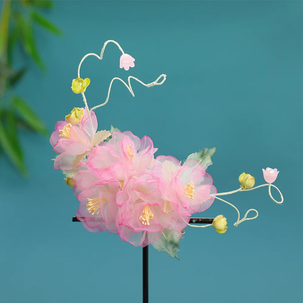 Gradient Pink Handmade Organza Flower Hair Clip Traditional Chinese Hanfu Hair Accessory Vintage Floral Hairpin For Cosplay Part view 4