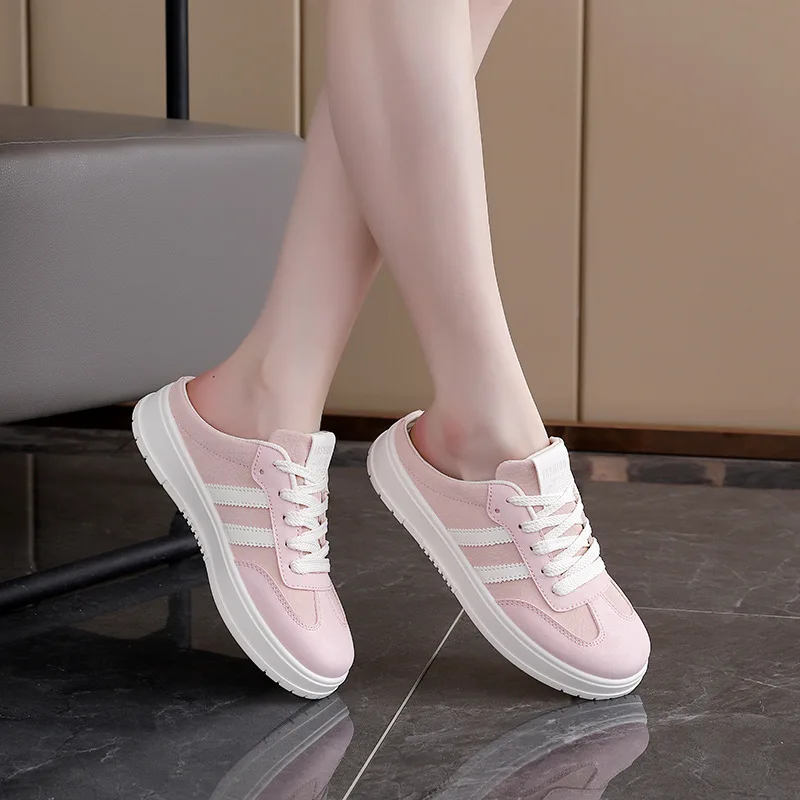 

Spring Summer New Half Slippers for Woman Fashion No Heel Casual Sneakers Female Lace Designer Flat White Shoes Women