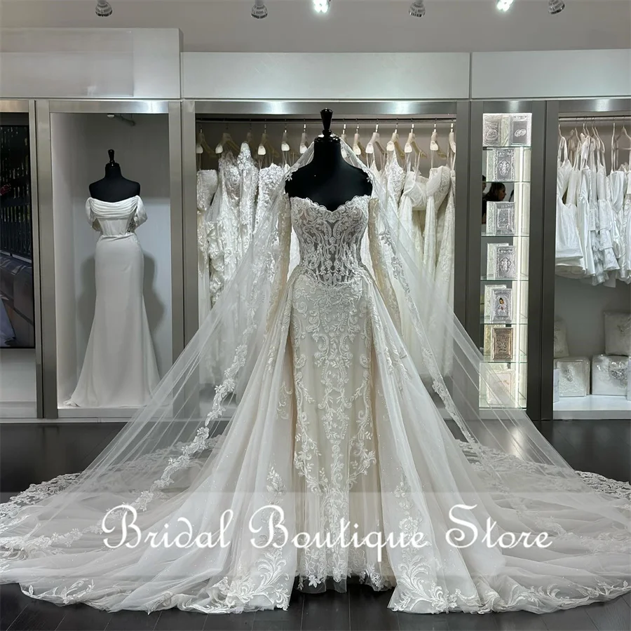 

Luxury Lace Mermaid Wedding Dress 2024 With Veil Sweetheart Crystals Court Train Bridal Gown Vestido De Noiva Customized