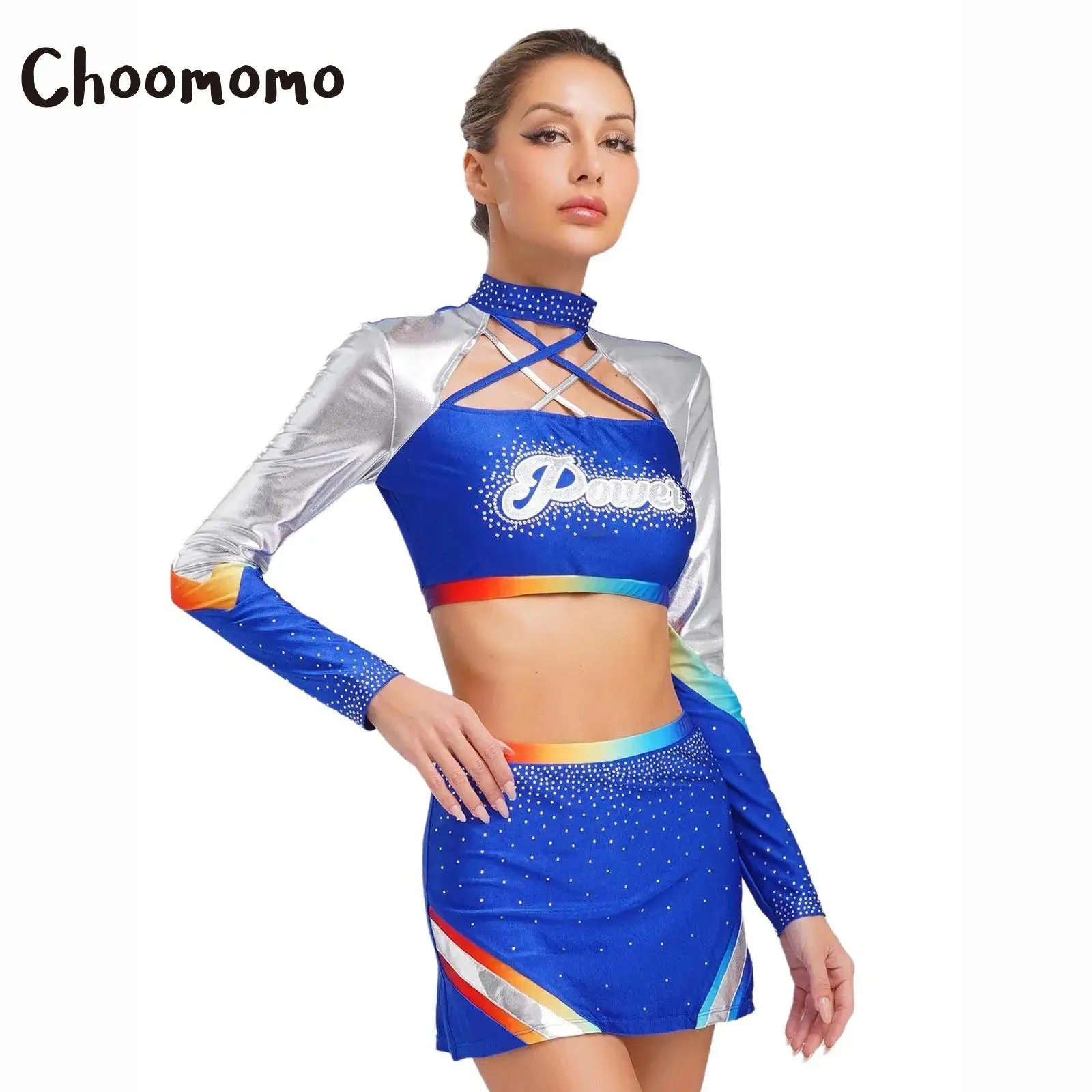 

Women 2 Pcs Cheerleading Uniform Long Sleeves Cross Straps Crop Tops with Dance Skirt Set Rhinestone Cheerleading Dance Costume