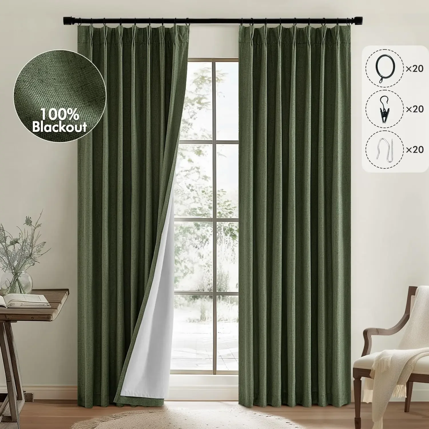 Olive Green Pinch Pleated 100% Blackout Linen Curtains for Bedroom, Room Darkening Dark Green Window Curtains 84 inches L