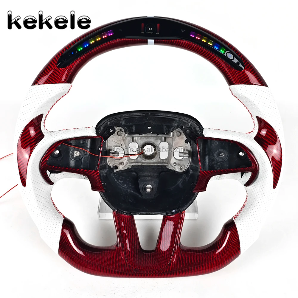 

Автомобильные аксессуары для Dodge Challenger Charger: кастомный белый перфорированный кожаный руль с LED-подсветкой и элементами из красного карбона