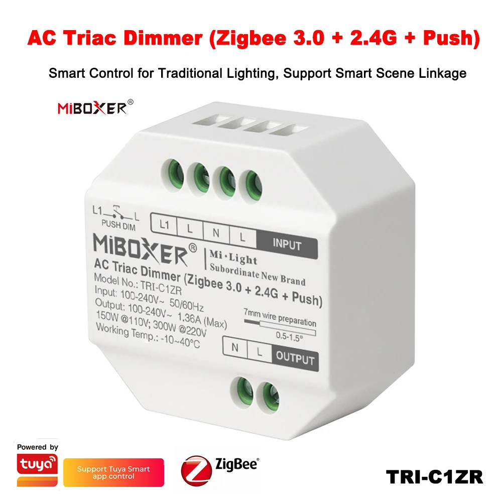 Miboxer TRI-C1ZR AC100-240V Zigbee 3.0+2.4GRF+Push TUYA Remote Push Switch Halogen lights Triac Dimmable LED lamp Controller