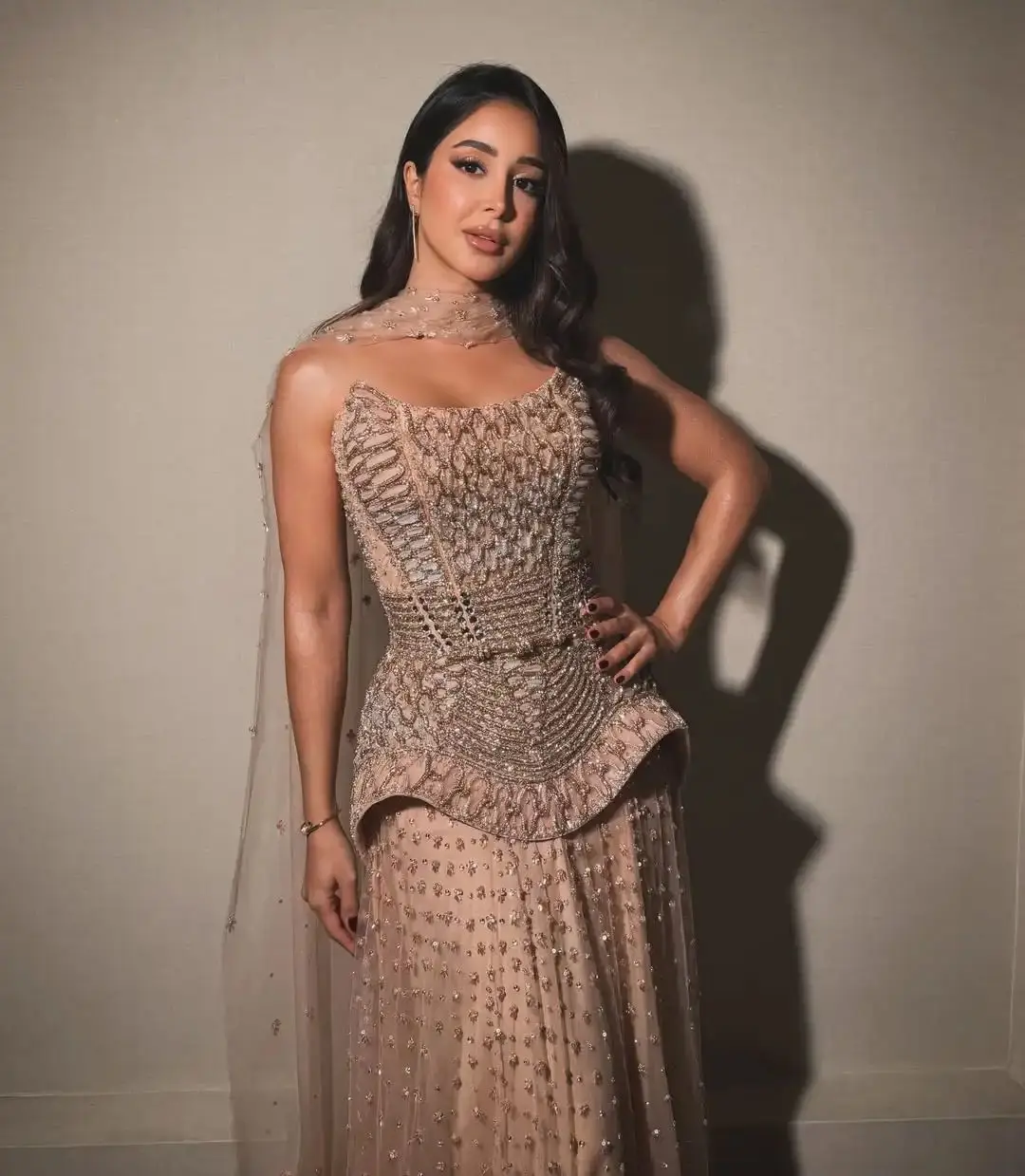 

Ofherown Nude Beaded Corset Evening Gown with Sheer Cape Women A-Line Ruffled Formal Prom Dress for Party Wedding Customized