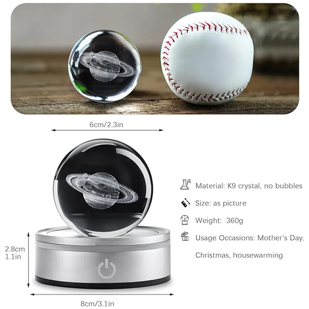 كرة بلورية ثلاثية الأبعاد ضوء ليلي ، زحل زجاجي بقاعدة ليد 6 ألوان ، علم ، علم فلك ، هدية يوم الطالب ، ديكور منزلي ، غرفة نوم