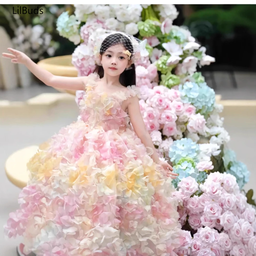 

Luxury Flower Girl Dress Sleeveless 3D Flowers for Kids Princess Wedding Pageant Birthday Party Ball Gown Children's Clothes New