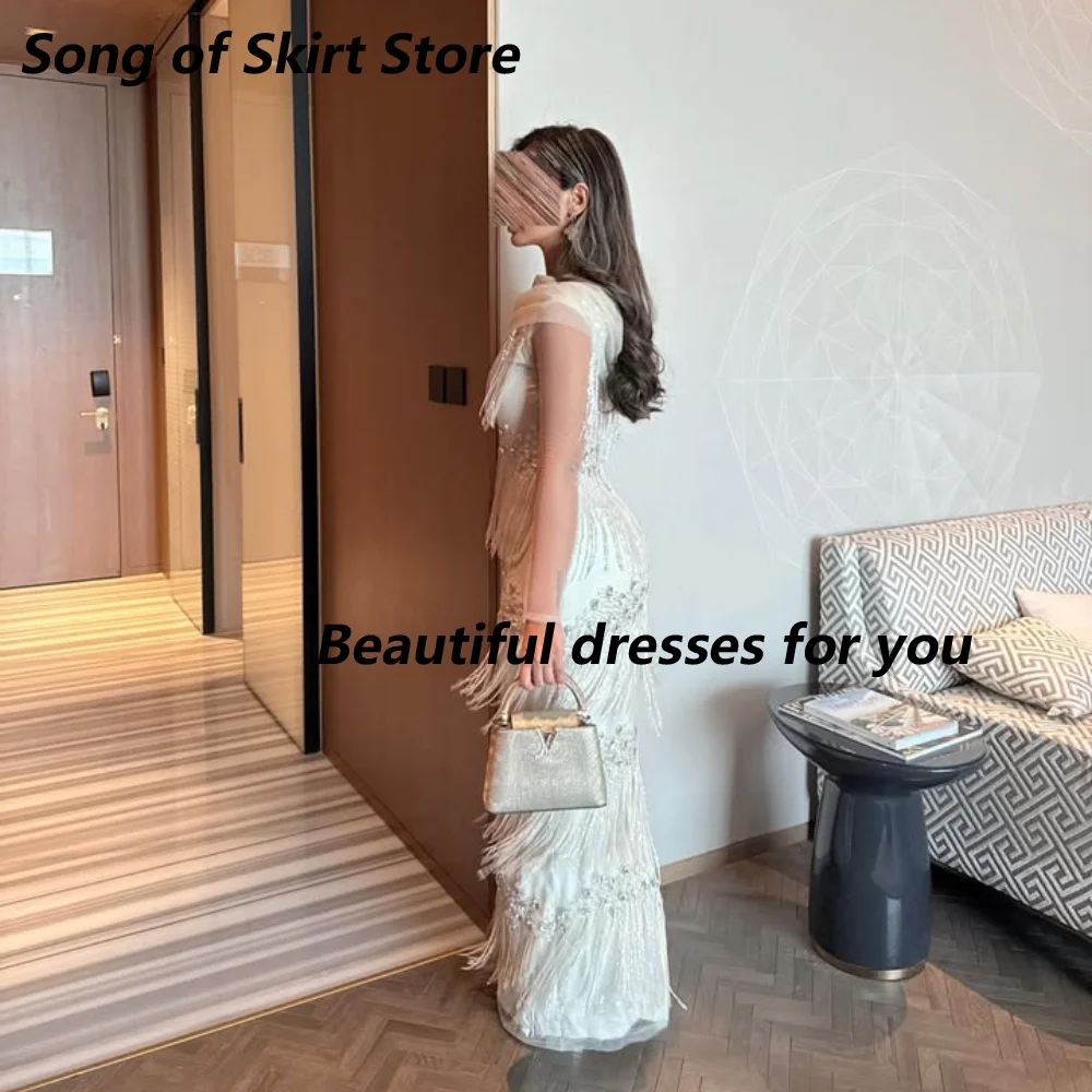 Customized Ivory Layered Beaded Tassel Fringe Slim Mother Of The Bride Gown Asymmetrical Off Shoulder Sheer Wedding Guest Dress