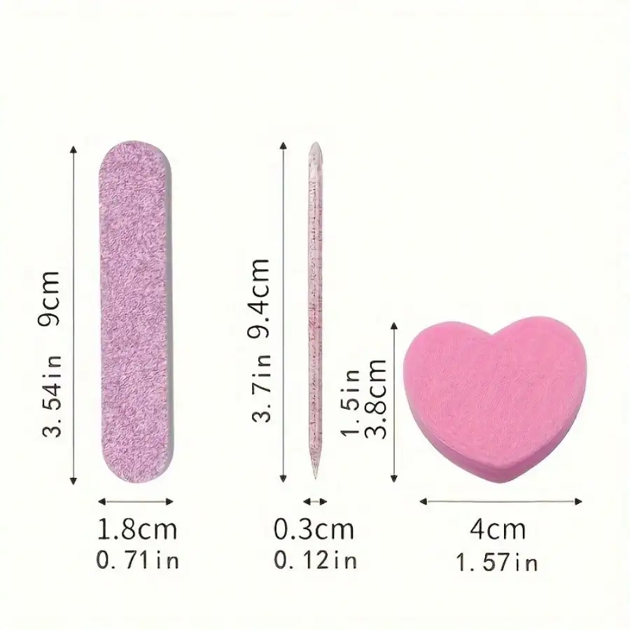 Kit de nail art 3 pièces – Brosse à points, tampon cœur et lime en bois pour manucure professionnelle