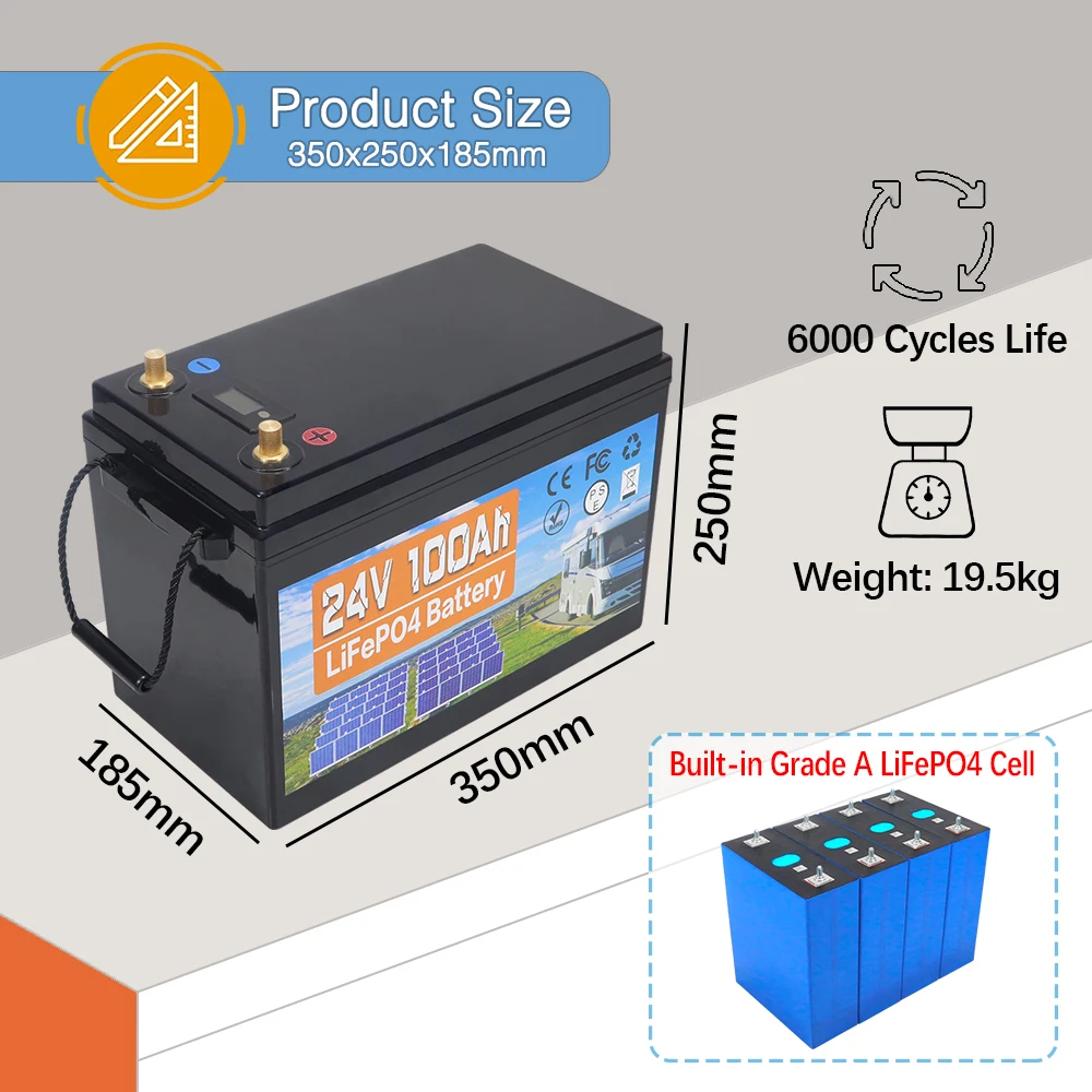 New 24V 100AH LiFePo4 Battery Built-in BMS Lithium Iron Phosphate Cells 6000+ Cycles For RV Campers Golf Cart Solar With Charger