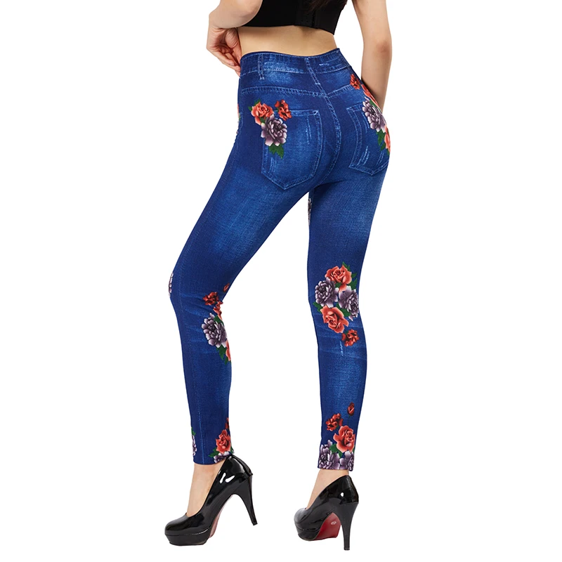 CUHAKCI Women Rose Print Elastic Blue Jeggings Fake Pocket Casual Workout Yoga Leggings Slim Fit Faux Denim Female Pencil Pants