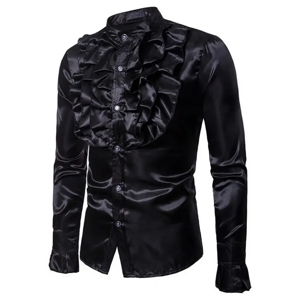 Men Vintage Formal Shirt Soft Cozy Men Top Vintage Men\'s Formal Shirt with Ruffle Stand Collar Button Closure Long Sleeves Stage