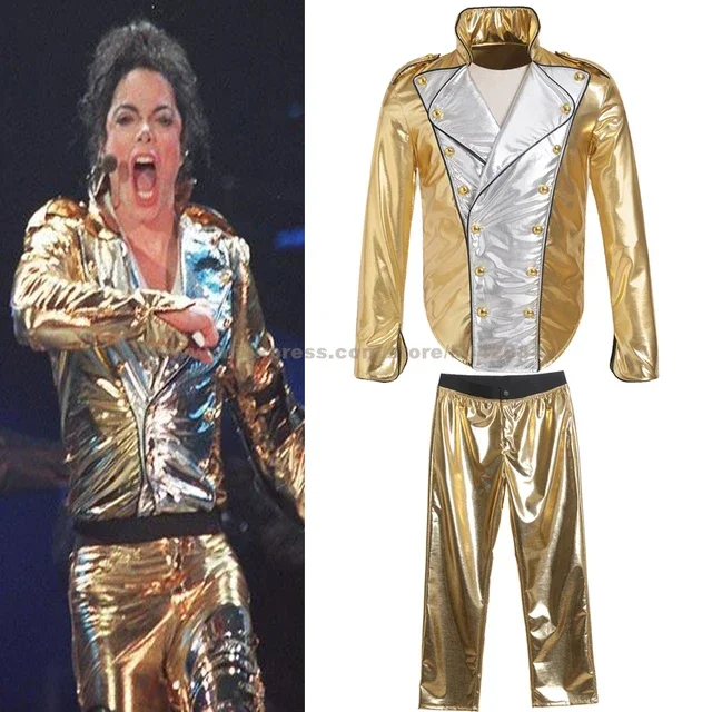 

Gold Michael Jackson cosplay party costume Jazz dance men stage show MTV History Golden Jacket Pants Cosplay ContstumeS