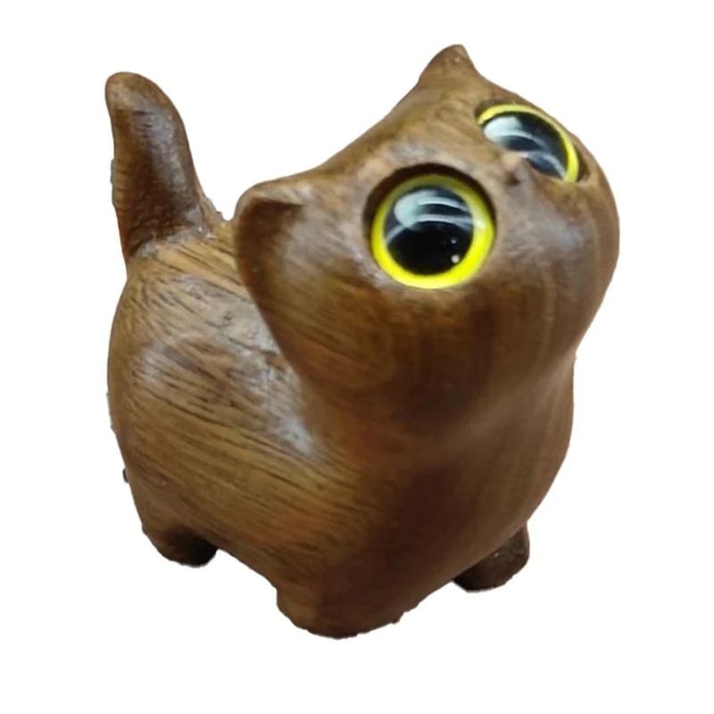 Urocza drewniana figurka kociaka - ręcznie wykonany wystrój kota, drewniana rzeźba Śliczne proste ozdoby kociaka z kreskówek