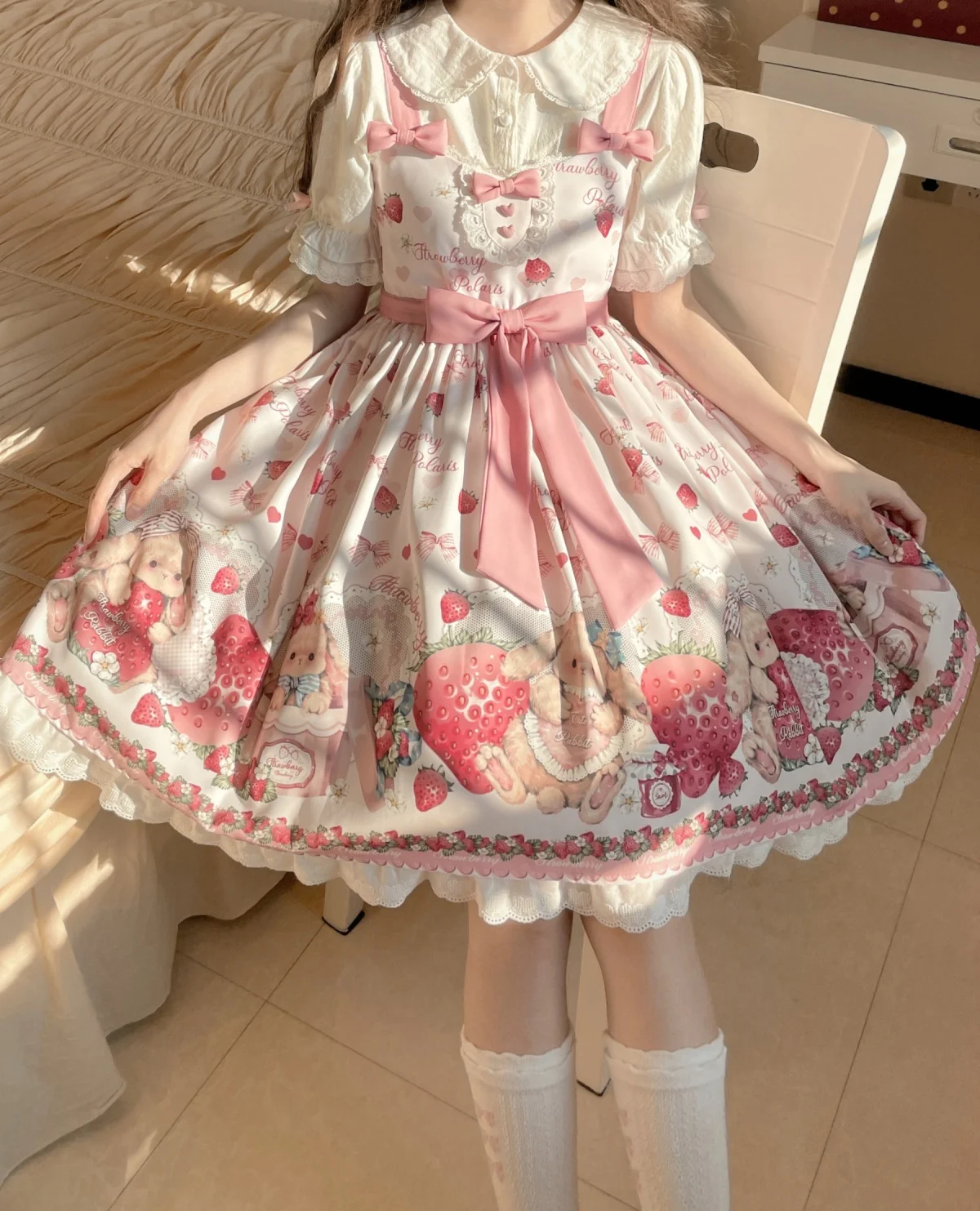 Sweet Lolita Jsk Dress Strawberry Cartoon Cute Rabbit Print Suspenders Dress Japanese Summer Women Kawaii Party Dresses