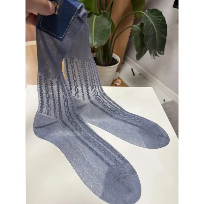 

Men's Sheer Socks Mans Silk Tube Socks Heel Reinforced Chain Striped See Through Soft Sexy Transparent Business Dress Shoes Sock