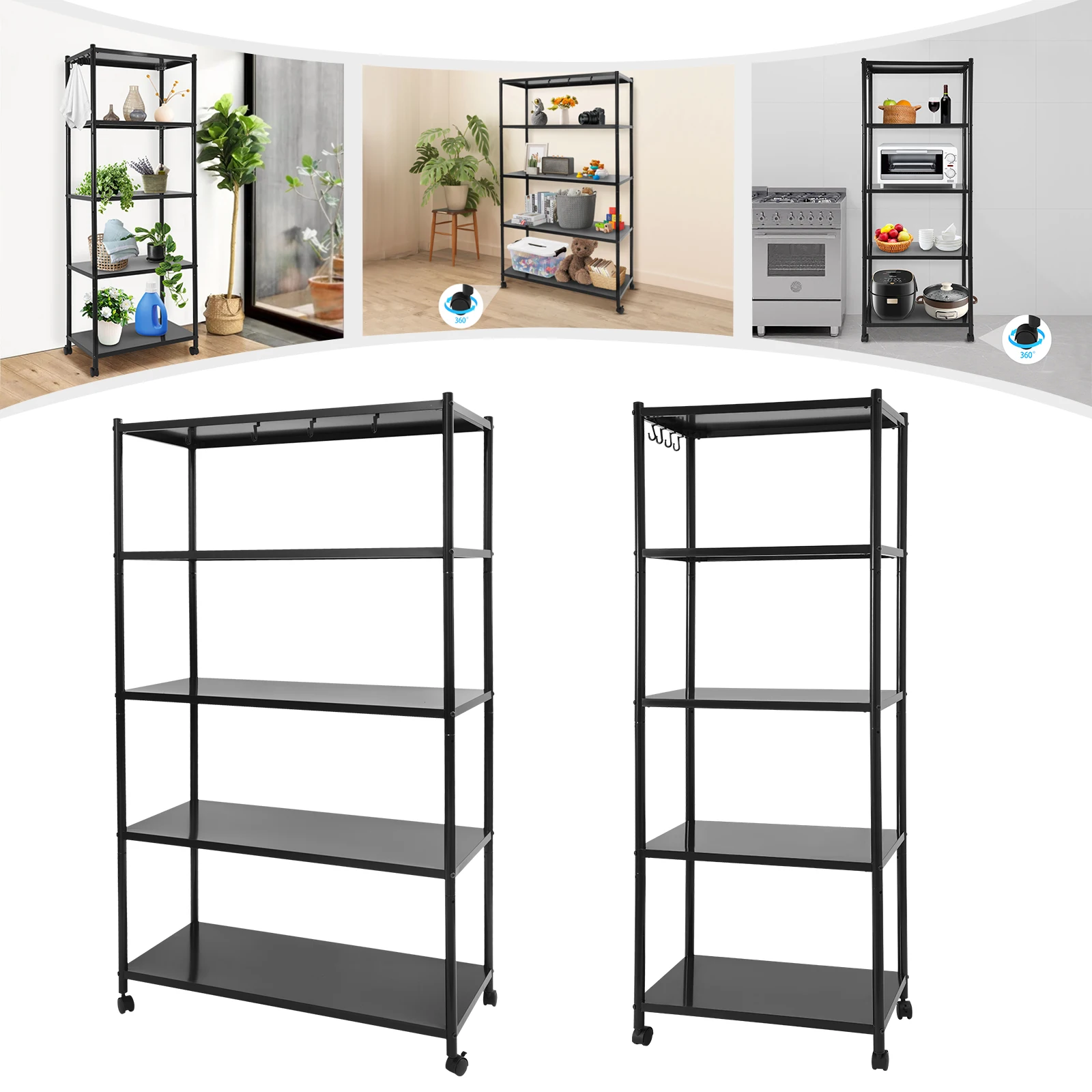 Carbon Steel 5 Tier Black Storage Rack,60x35x160/90x40x160cm Adjustable Freestanding     Storage Rack with 4 Wheels for Garages