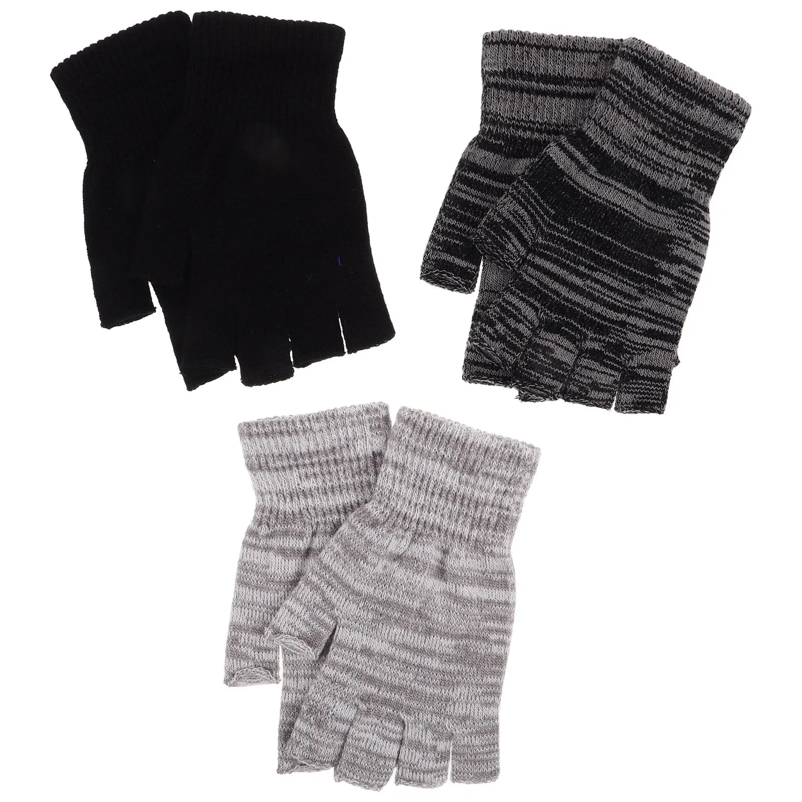 

3Pairs Fingerless Knitted Winter Gloves Half Finger Stretchy Acrylic Warm Gloves for Cold Weather Driving Typing Outdoor Use
