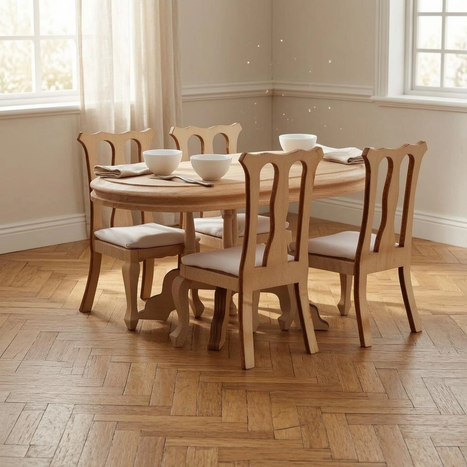 

5 Pieces Dollhouse Dining Table and Chairs Textile Cushions 1:12 Scale Table and Chairs Dollhouse Dining Set Wooden