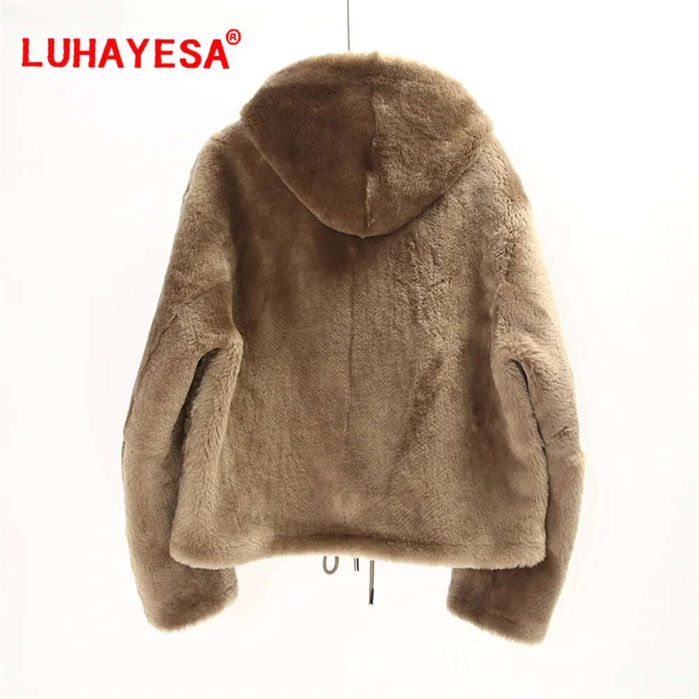 2024 senhoras pele de cordeiro shearling casaco feminino com capuz camelo luhayesa inverno senhoras jaquetas de couro genuíno