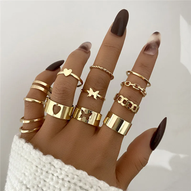 Boho Gold Color Heart Rings Set For Women Vintage Geometric Cross Pearl Butterfly Finger Rings Female Trendy Jewelry Gift