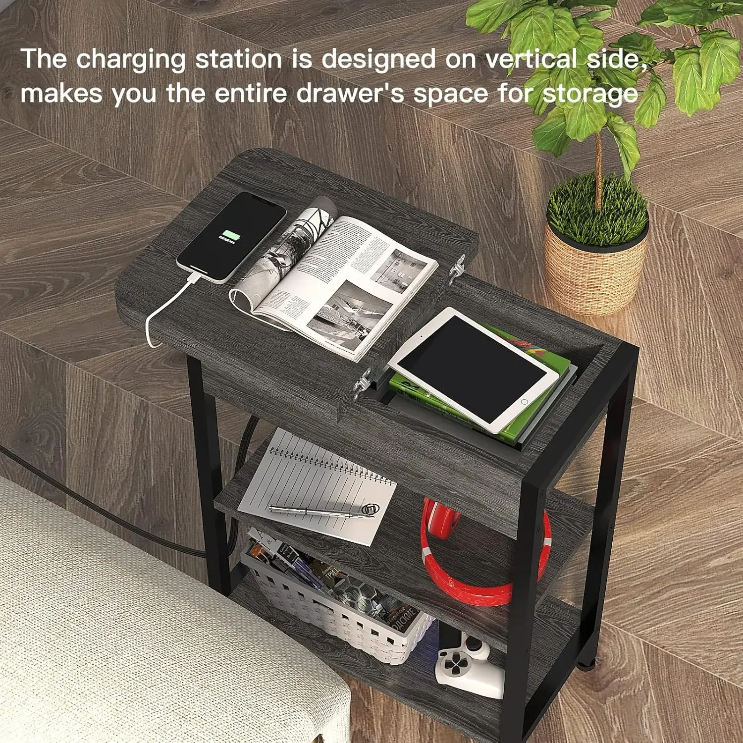 [Bestseller, jetzt kaufen! ]Premium-Beistelltisch mit Ladestation, schmaler Beistelltisch mit Klappplatte für kleine Räume, Nachttische im 2er-Set