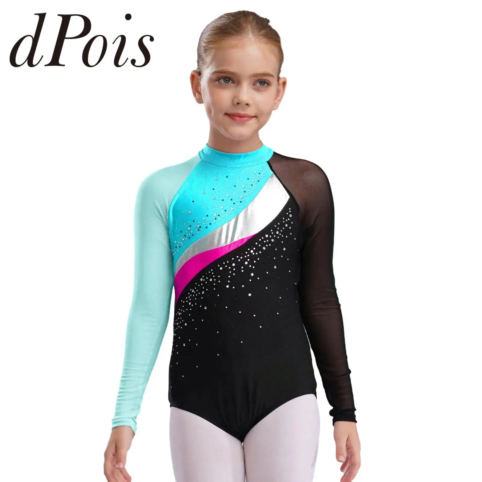 Kids Rhythmic Gymnastics Jumpsuit for Girls Dance Performance Costume Color Block Sheer Mesh Long Sleeve Figure Skating Leotard