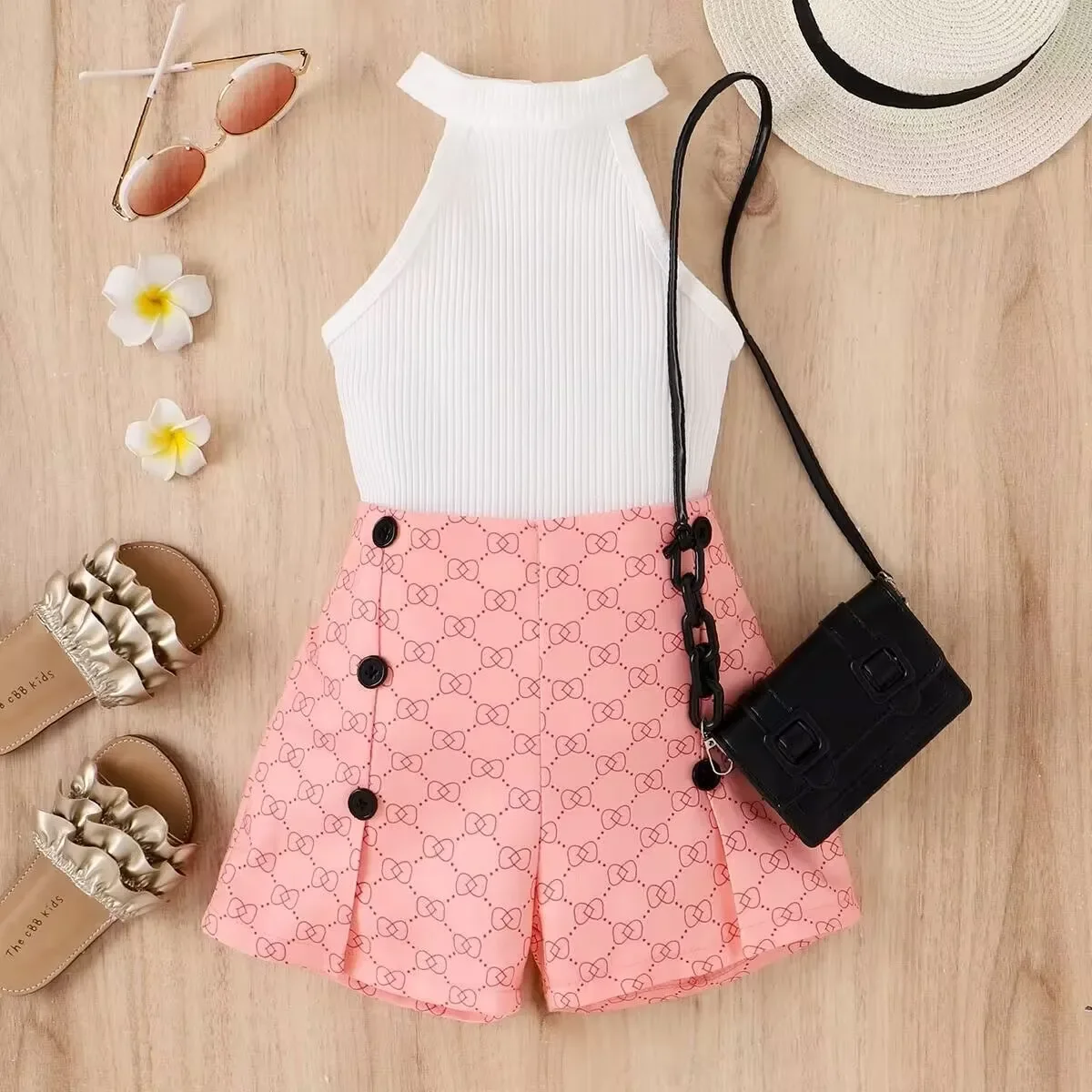 

Girls Clothes Set New Summer Sleeveless Pit Neck Top+Printed Shorts Style 2Pcs For Girl Kids Clothes Children Clothing 4 5 6 7T