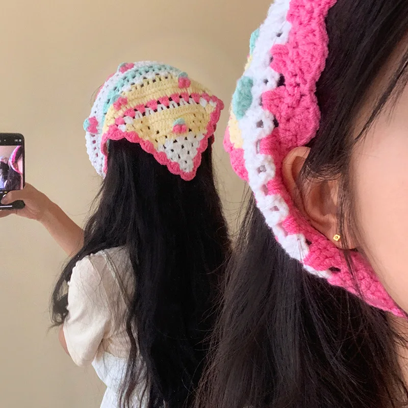 

Korean Spring and Autumn Hand-crocheted Cherry Knitted Triangular Headscarf Female Sweet Literary Versatile Hollow Headband