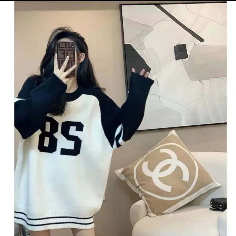 Boring Honey Korean Style Black And White Round Collar Loose And Comfortable Sweater Pullover Be All-Match Letter Knitwears Tops