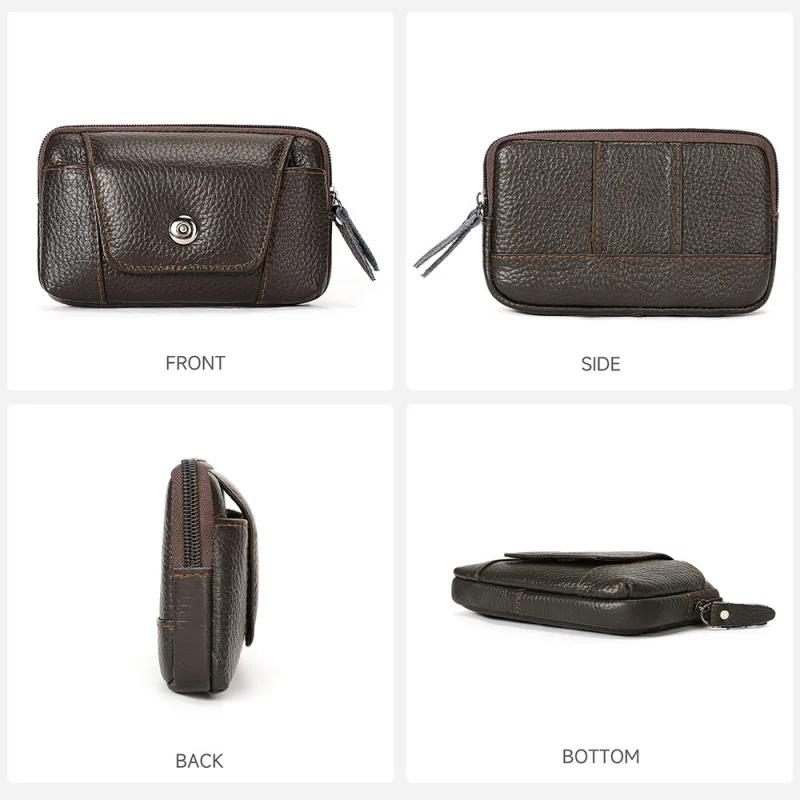 Leather casual waist bag for men - portable change purse, outdoor phone holder, horizontal style, high-end men's waist bag
