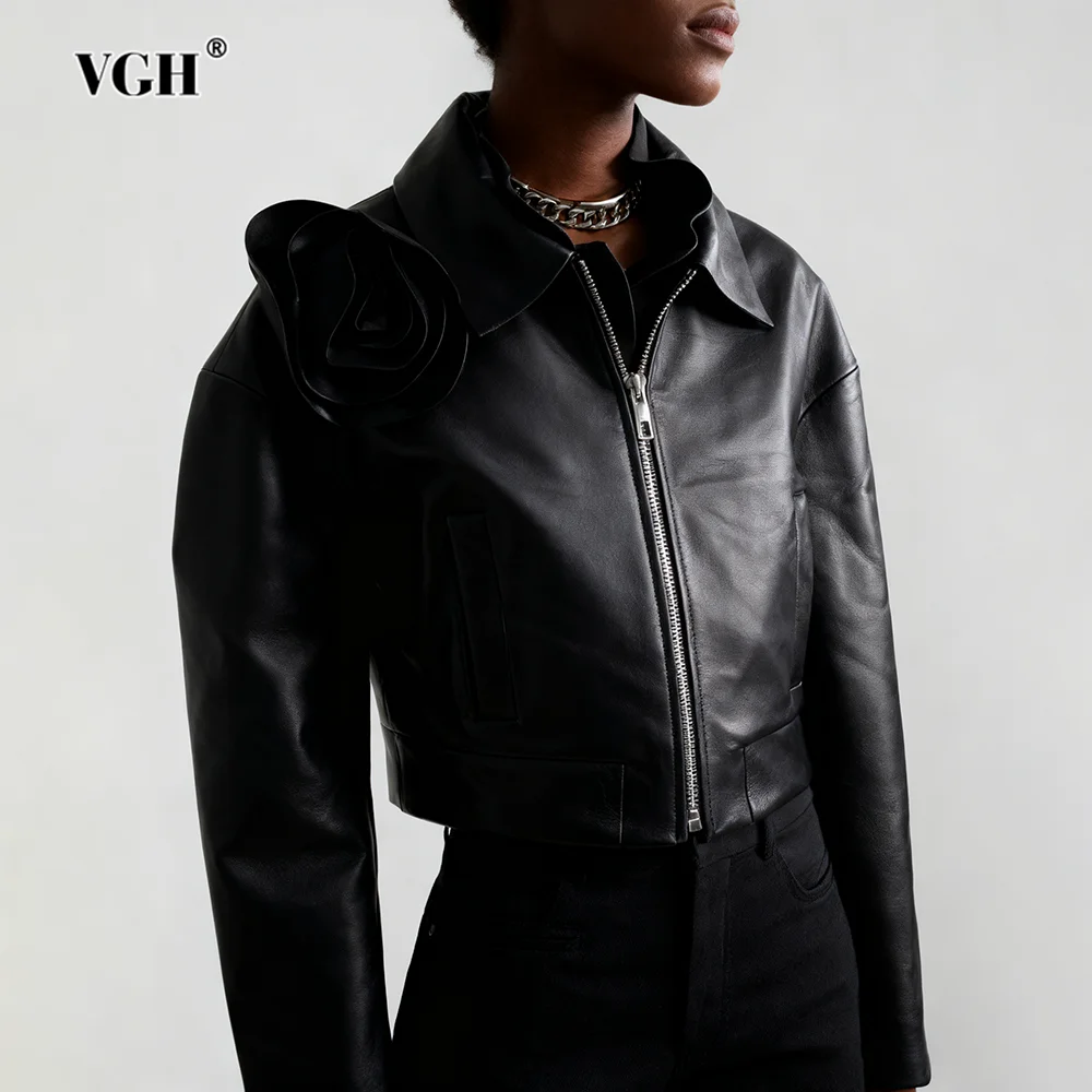 

VGH однотонные утягивающие темпераментные кожаные куртки с аппликацией для женщин, повседневная куртка с длинными рукавами и лацканами, женская мода, новинка