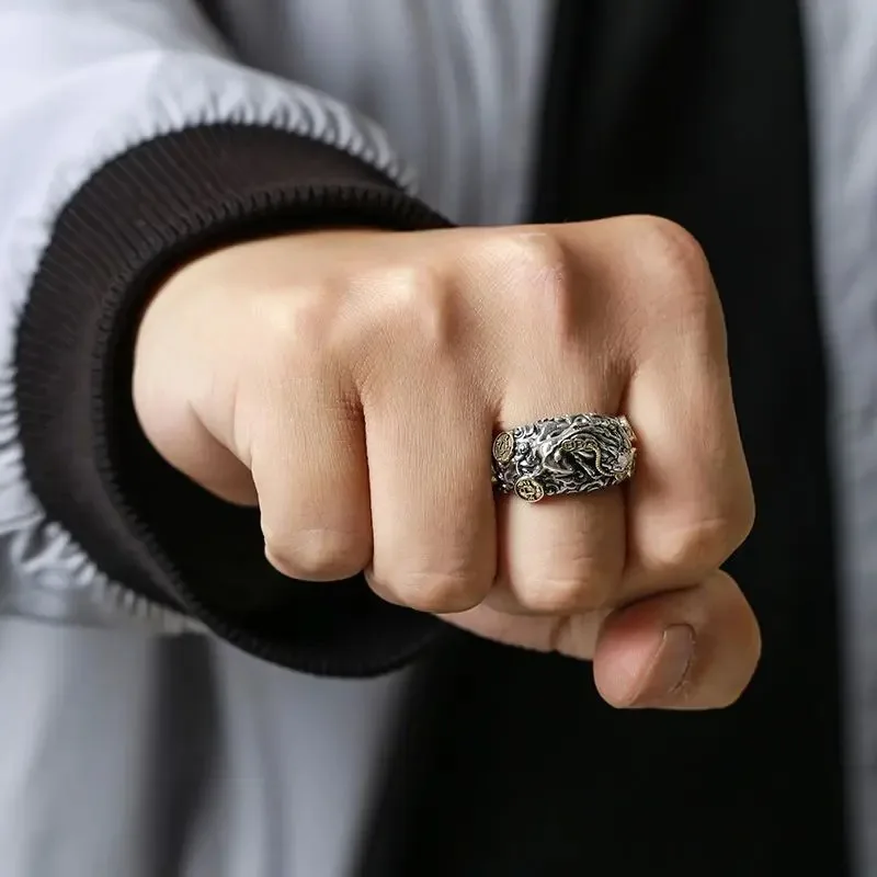 Chinese Five Emperor Coins Pi Xiu Ring Solid Sterling Silver with Auspicious Clouds Vintage Style Unisex Couples Jewelry Gift