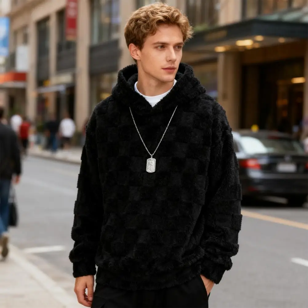 

Мужской топ с капюшоном, мужская клетчатая толстовка с теплой плюшевой подкладкой, повседневный осенне-зимний пуловер, толстовка для комфортного стиля, мужской полиэстер