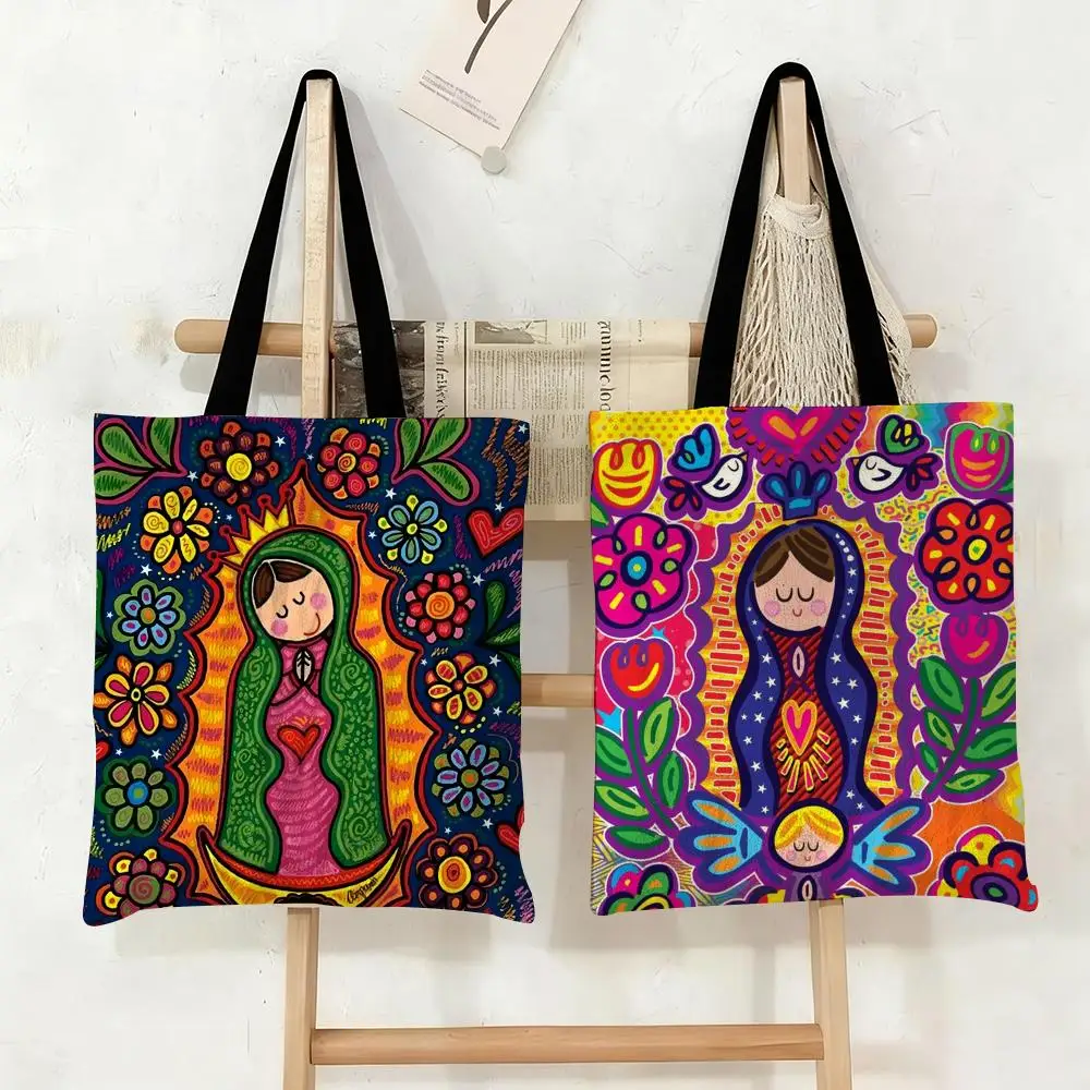 Bolsas de almacenamiento de arte de la Virgen María de dibujos animados, bolso de compras de viaje diario con estampado de doble cara de lona, bolso plegable de moda