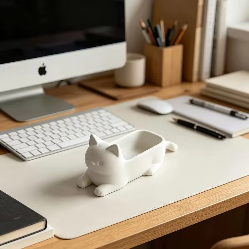 3D Printed White Lying Cat Box Cute Kitten Shaped Desk Organizer Stationery Trinket Holder Minimalist Desktop Decor Ornament