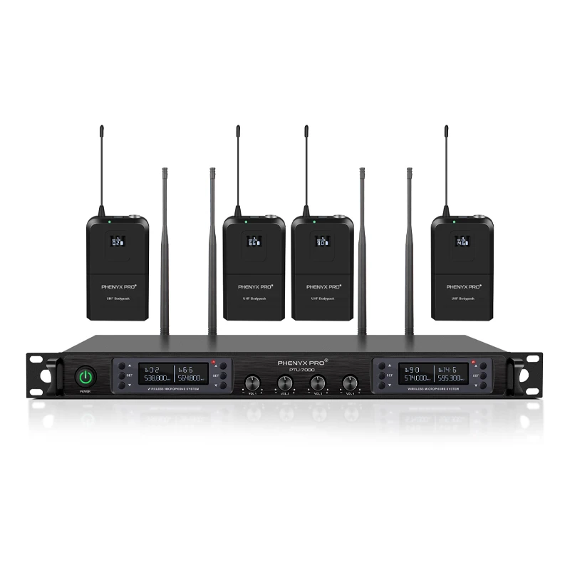 Phenyx Pro 4x40 Channels Wireless Microphone System  Cordless Mic Set Auto Scan 328ft/m Coverage for DJ, Church,Events PTU-7000