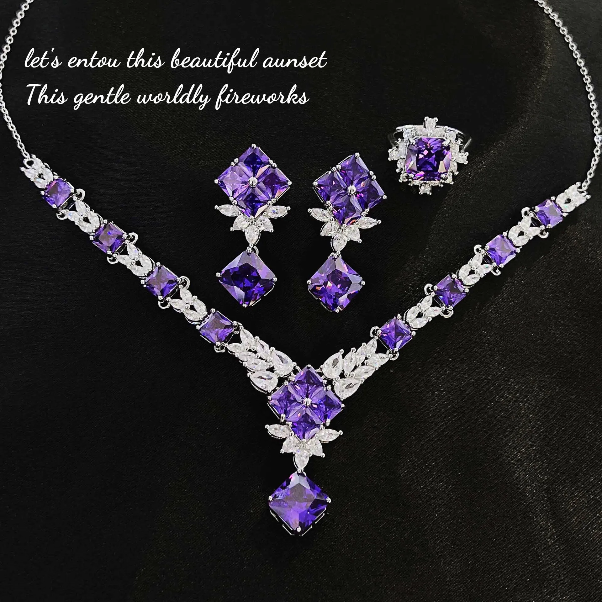 Foydjew Luxury Design Purple Crystal Necklaces Drop Earrings Rings Elegant Bridal Engagement Wedding Jewelry Sets For Women