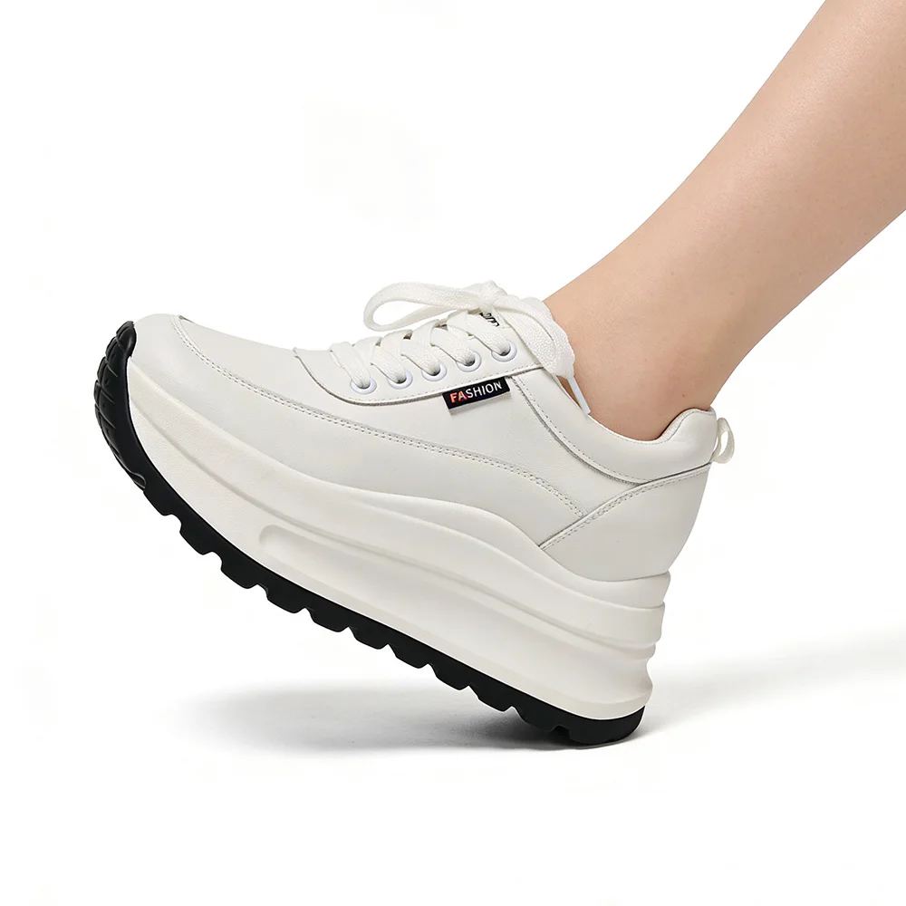 Genuine Leather Shoes Women Chunky Sneakers Black White Platform Daily Sweet Ladies Casual Shoes Height Increasing 8cm D964