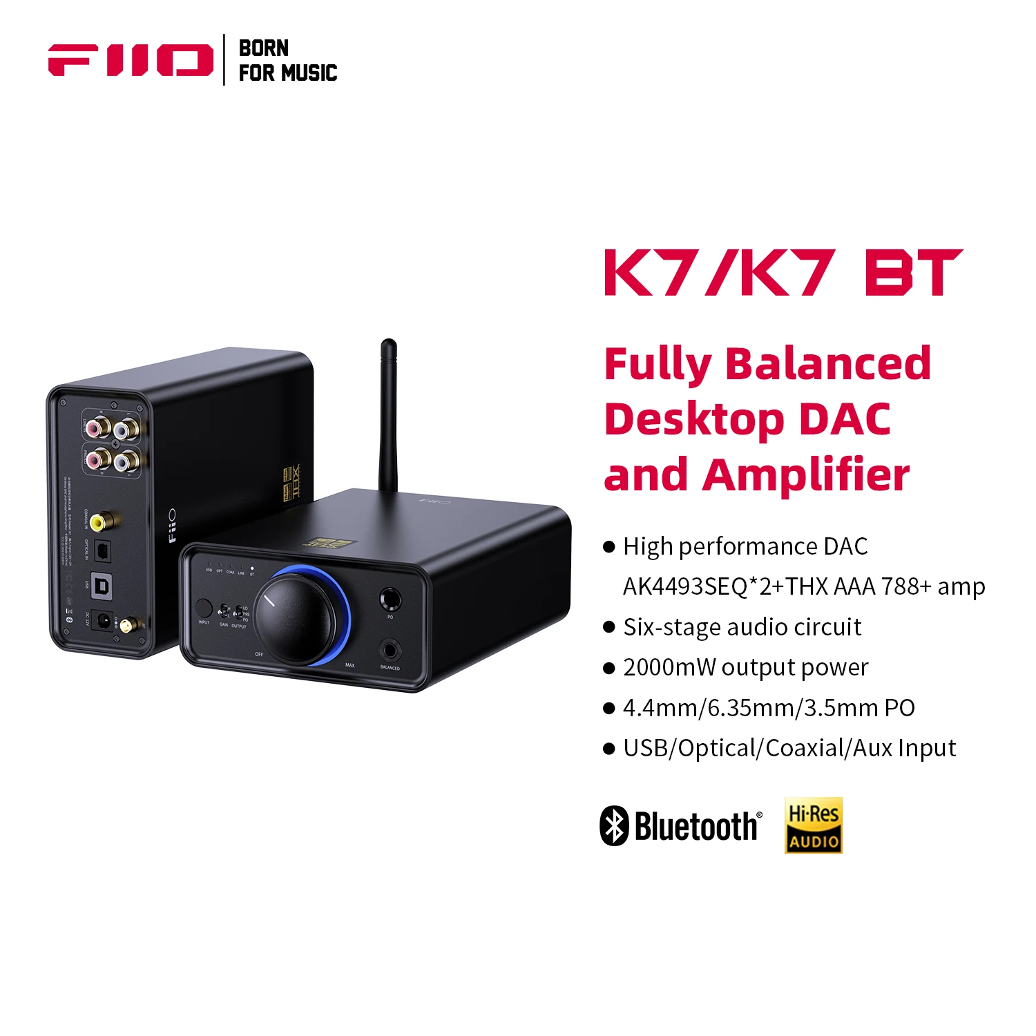 FiiO K7/K7BT  Balanced HiFi DAC Headphone Amplifier AK4493S*2, XMOS XU208 PCM384kHz DSD256,USB/Optical/Coaxial/RCA Inputs