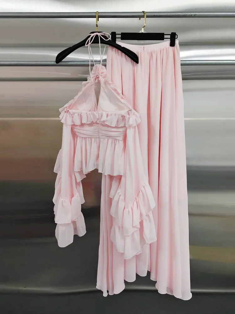 Fashion Summer Elegant Women Halter Butterfly Sleeve Loose Tops Party Long Skirt Two Piece Set Ladies Comfortable Matching Sets