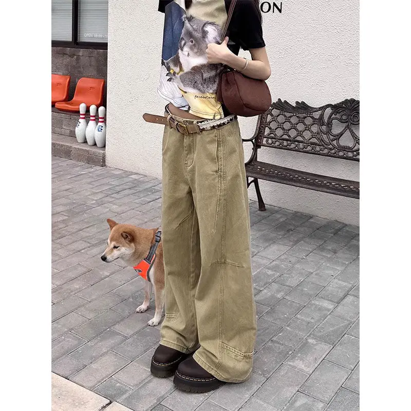 

Женские джинсы цвета хаки с широкими штанинами, свободного кроя, прямого силуэта, с высокой талией, драпированные, весна 2026, повседневные, из эластичного хлопкового денима