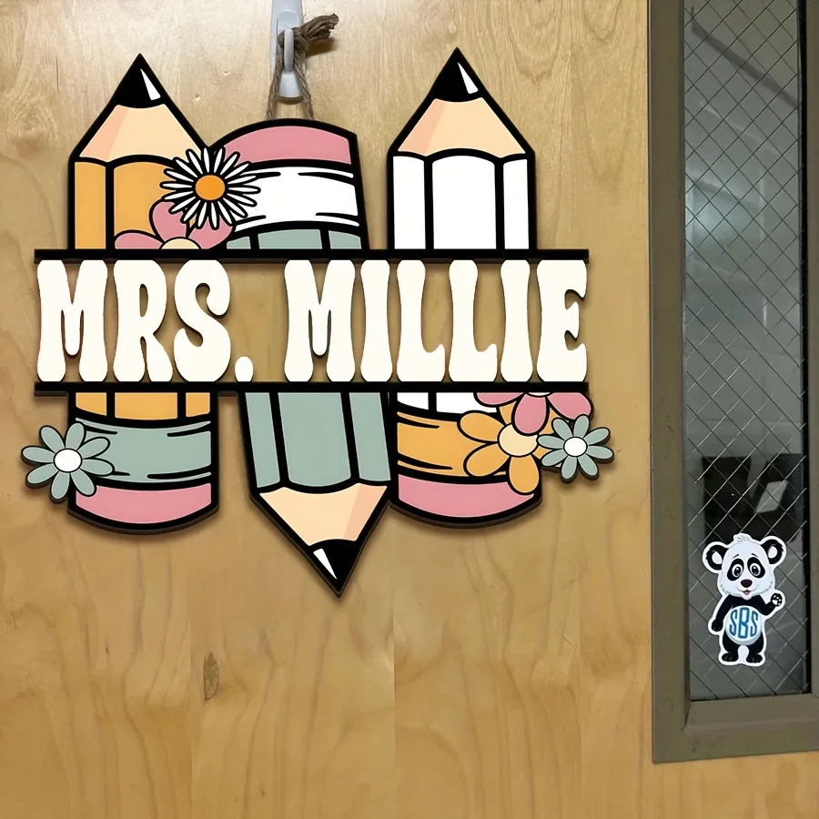 Personalized Name Wooden Door Hanger, Pencil Flower Custom Text Plaque, Classroo