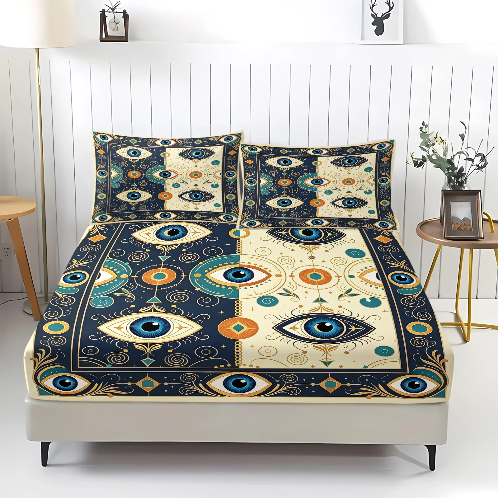 Evil Eye Fitted Sheet Set Mystic Tarot Style All Seeing Eye Print Bedding Set Bed Sheet with Pillowcases for Bohemian Room Decor