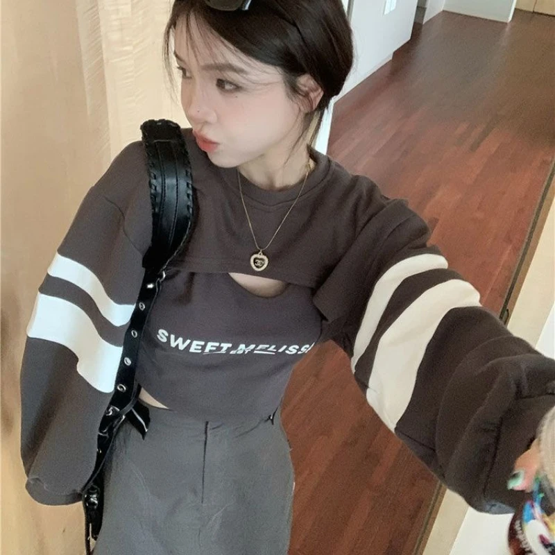 Lettre américaine courte à manches longues couches Blouse deux pièces ensemble femmes haut mince Sexy haute rue Harajuku polyvalent Smock nouveau haut